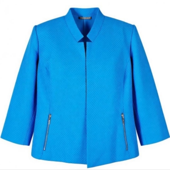 Kasper Blazer Size 20 Blue Open Front Zip Pockets Textured Slit Cuffs Mock Neck - Picture 11 of 11
